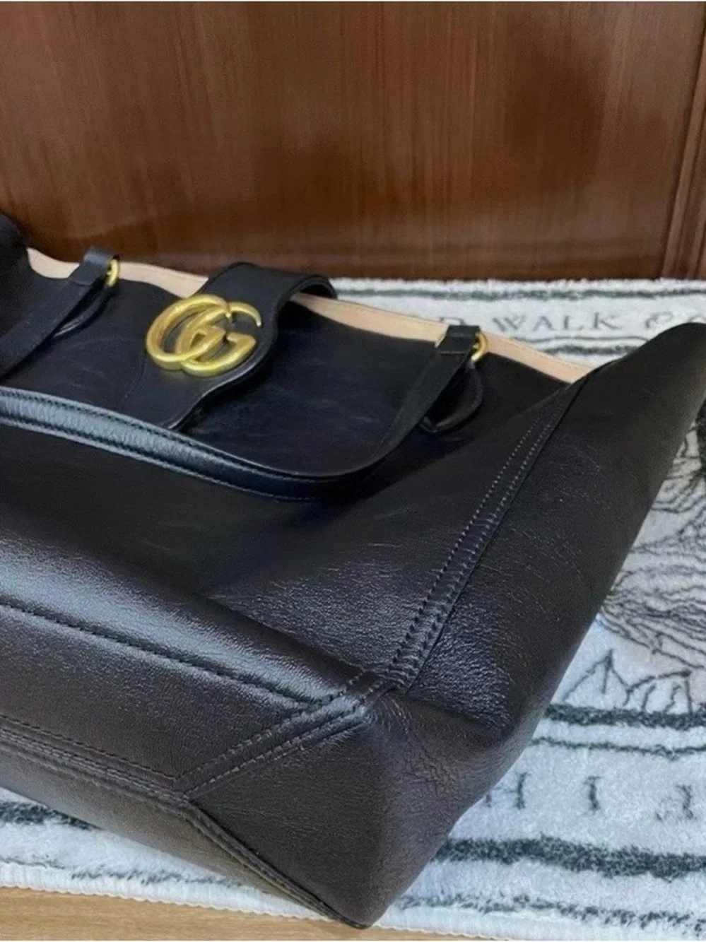Gucci Black Leather Tote with Gold Double G Emblem